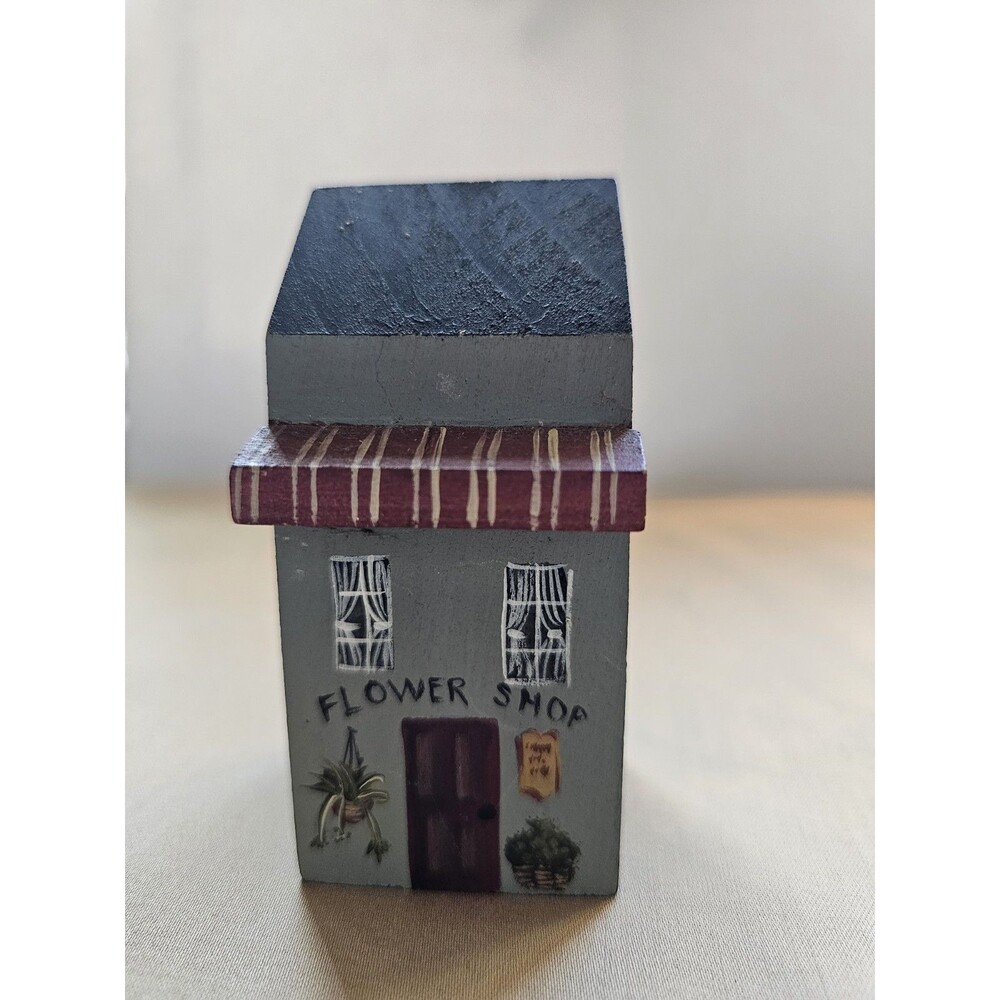 Chunky Wooden House Flower Shop Folk Art Shelf Decor Signed Verdier 1993